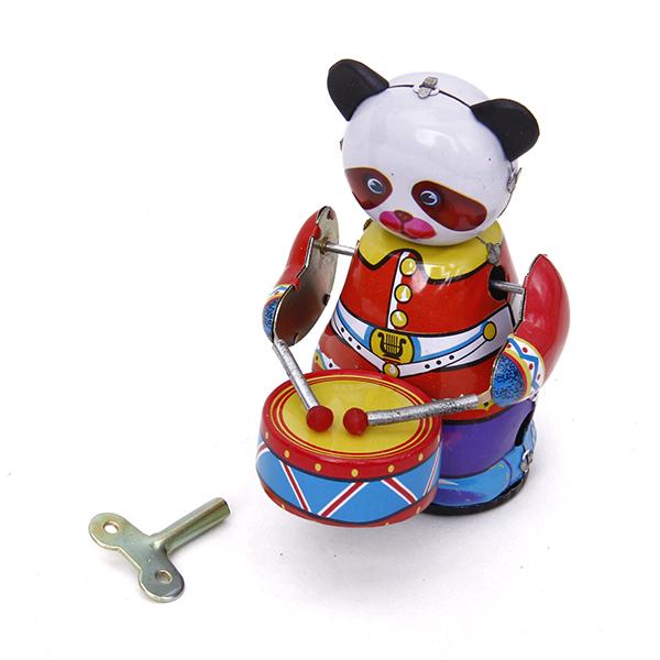 Vintage Collectible Figures - Kurmalı Saat Mekanizmalı Panda Davulcu Oyuncak