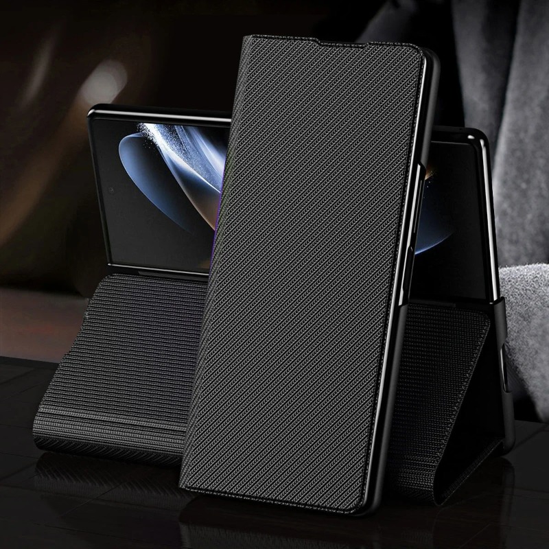 Camera Leather Case - Basit Şerit Manyetik Deri Telefon Kılıfı